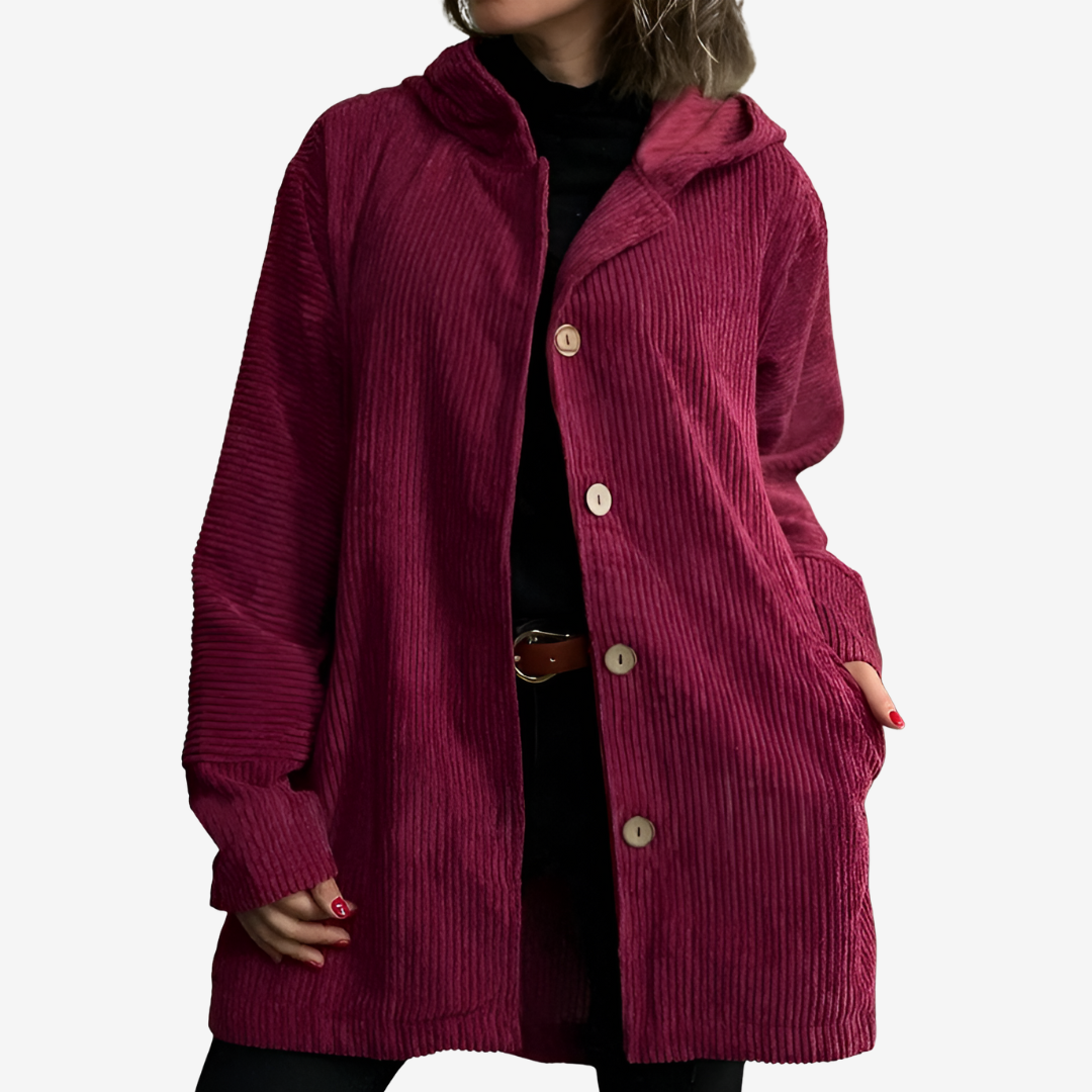 Giacca lunga donna casual con cappuccio, bottoni. Stile e comfort per l'autunno e l'inverno.