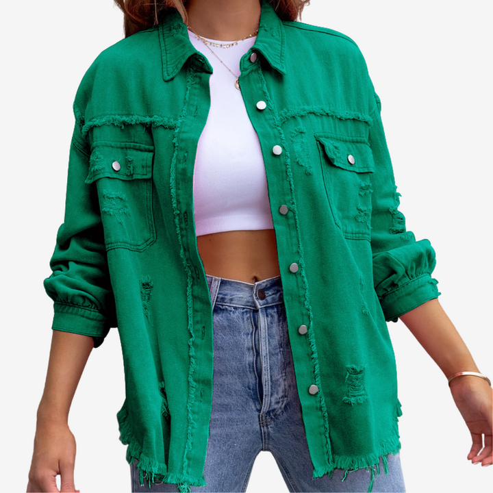 Giacca donna oversize multicolore, sfrangiata, per un look casual e confortevole, ideale per la primavera.