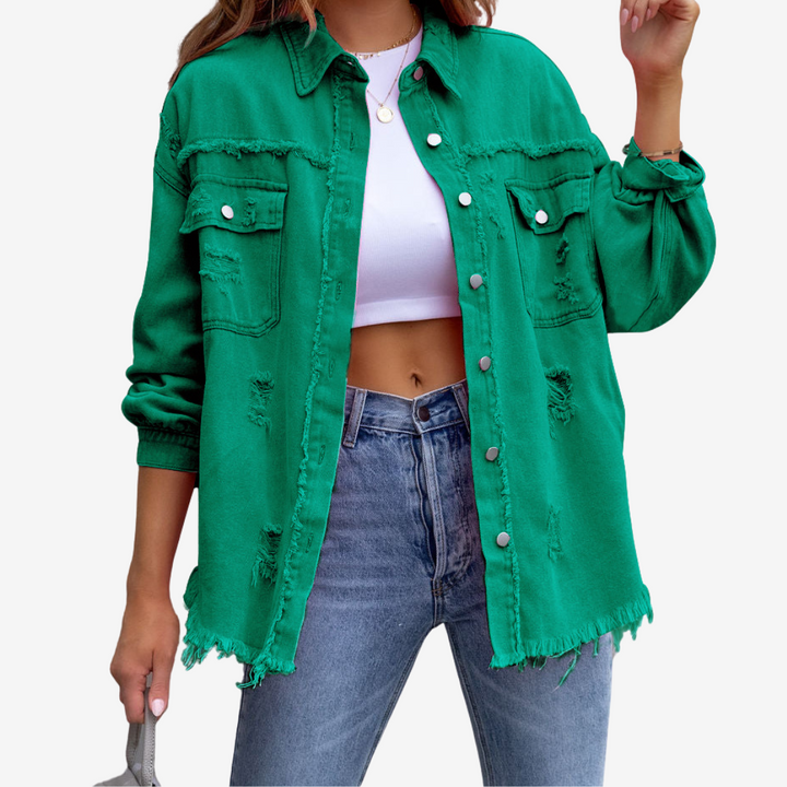 Giacca donna oversize sfrangiata multicolore, per uno stile casual e trendy, perfetta per la moda di primavera.