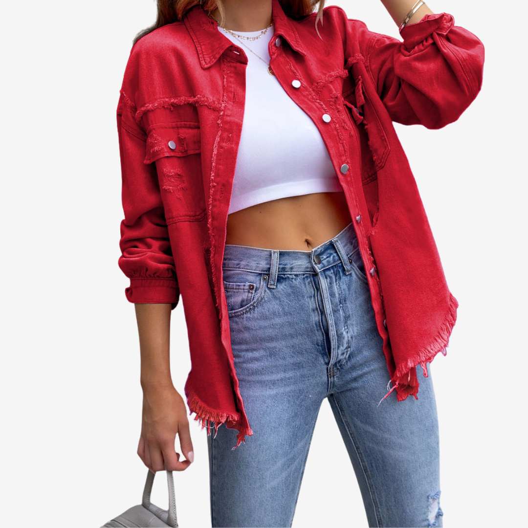 Giacca donna oversize sfrangiata casual, stile moderno e vestibilità comoda, perfetta per la moda primavera.