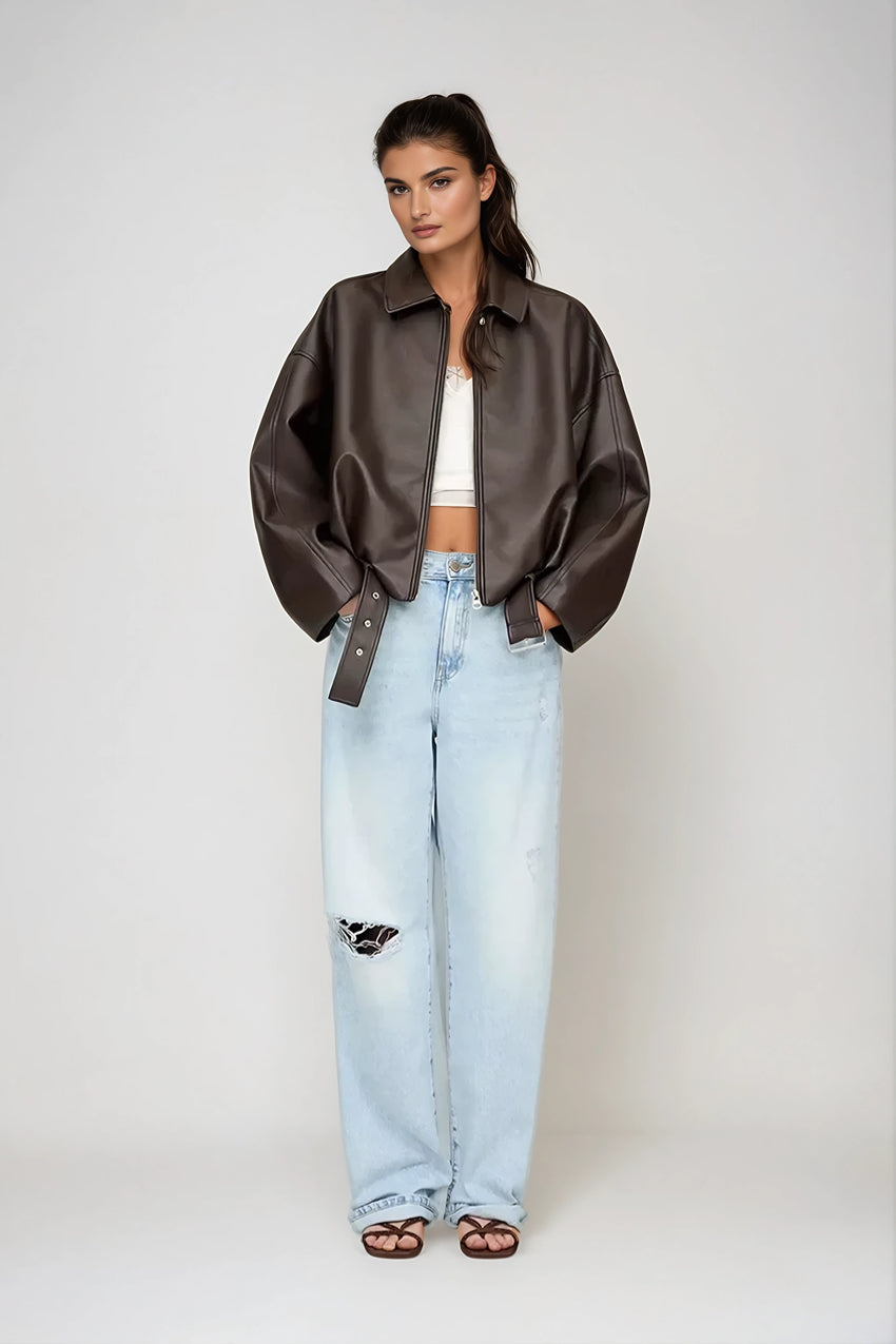 Trendy giacca donna stile aviatore oversize con cintura, ideale per la primavera e l'autunno.
