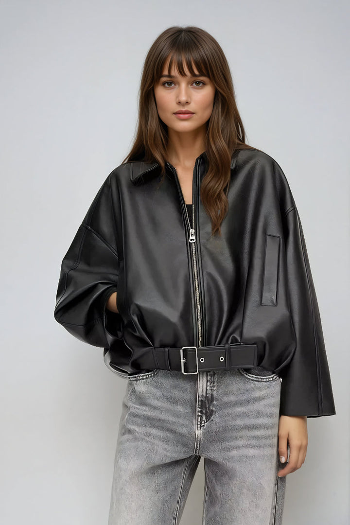 Giacca donna oversize aviatore con cintura, stile retrò elegante, must-have per la moda attuale.