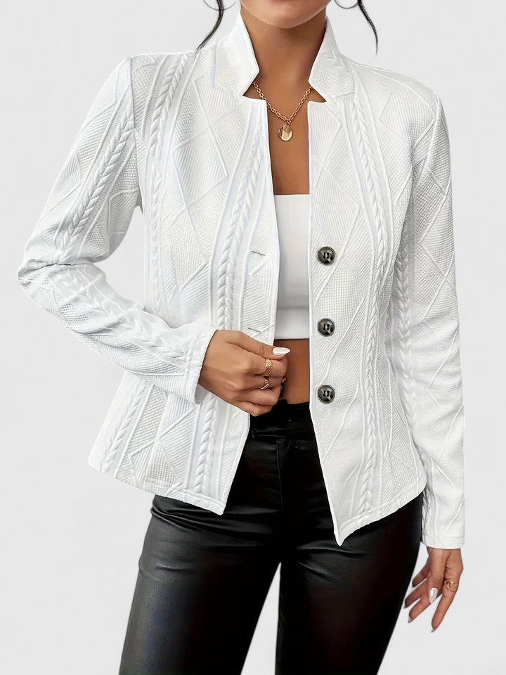 Giacca donna elegante con texture a rilievo e bottoni, perfetta per look casual chic o ufficio. Disponibile in vari colori.