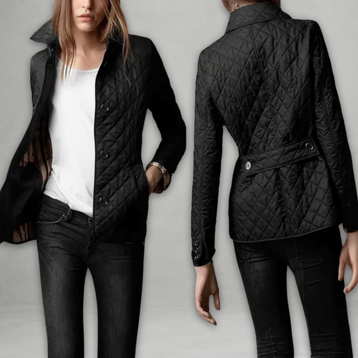 Giacca donna trapuntata con bottoni frontali, design elegante e moderno per la moda autunnale.