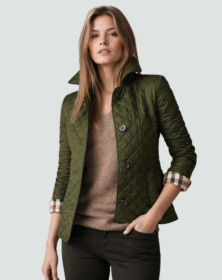 Giacca donna trapuntata elegante, ideale per autunno inverno. Con bottoni, colletto e maniche lunghe.