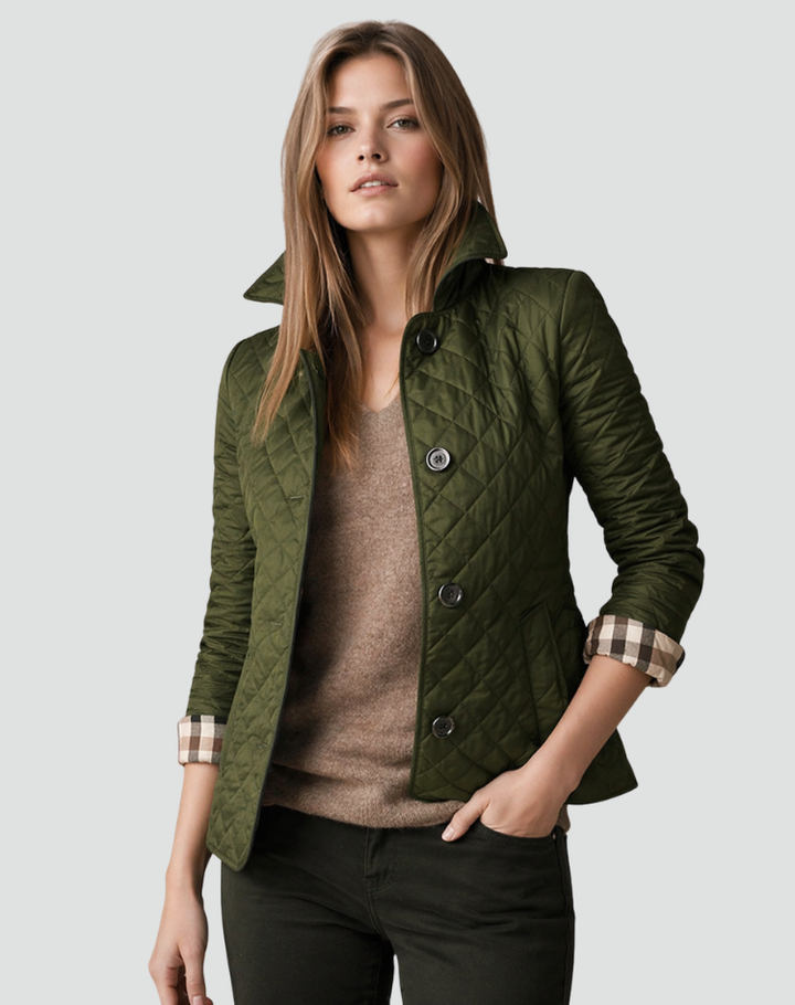 Giacca donna trapuntata elegante, ideale per autunno inverno. Con bottoni, colletto e maniche lunghe.