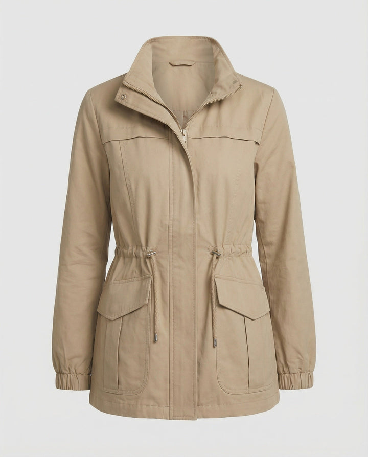 Capospalla donna utility leggera, multitasche, giacca casual con vita regolabile.