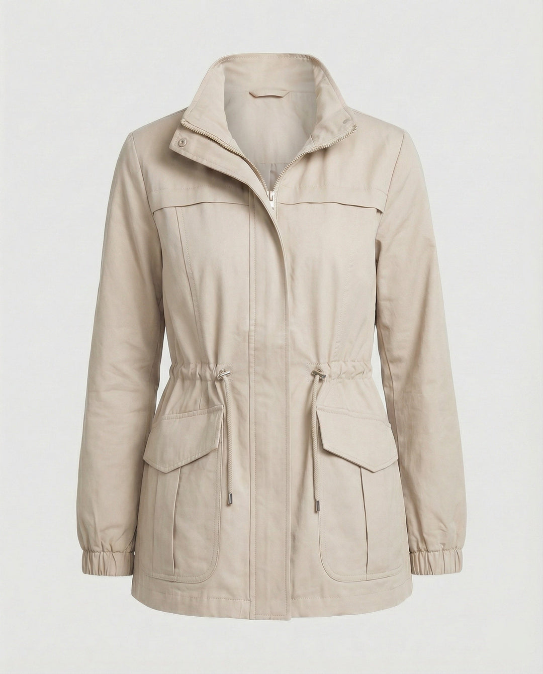 Giacca donna casual utility verde militare, vita regolabile per un look versatile.