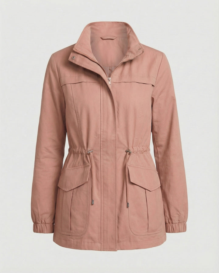 Look completo: giacca donna utility marrone chiaro, leggera, ideale per stagioni di transizione.