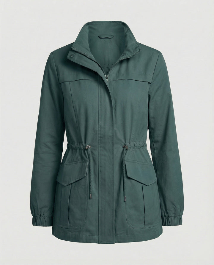Giacca primaverile/autunnale donna, stile utility, vita regolabile per una silhouette definita.