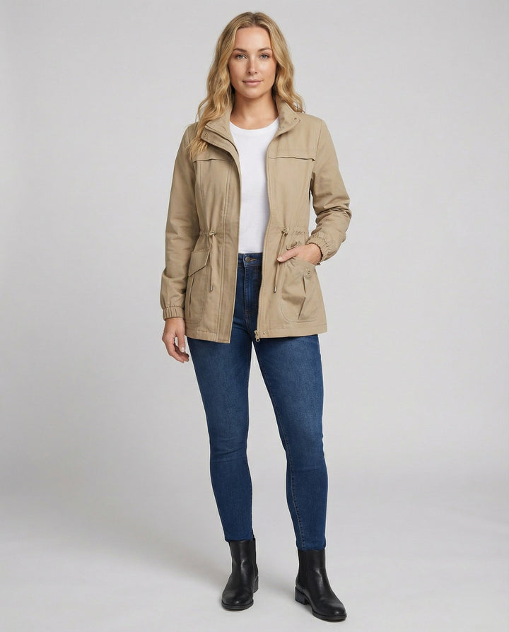 Capospalla donna giacca utility grigio scuro, vita regolabile per adattarsi a ogni stile.
