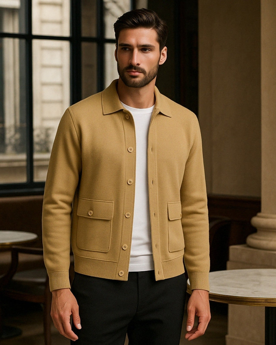 Giacca uomo verde, comfort morbido e stile casual-elegante, ideale per outfit invernali e abbigliamento maschile.