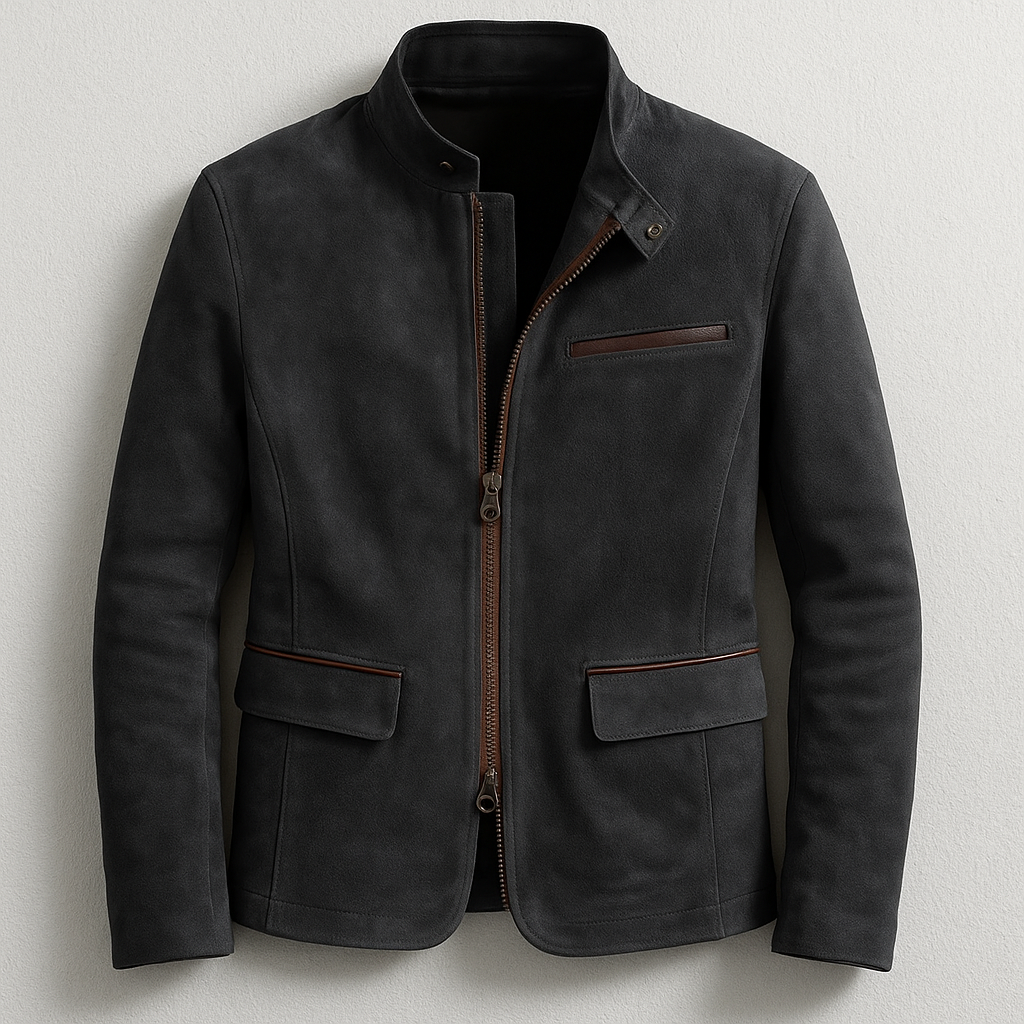 Giacca uomo nera casual con collo alto e chiusura zip. Perfetta per abbigliamento maschile elegante autunno inverno.