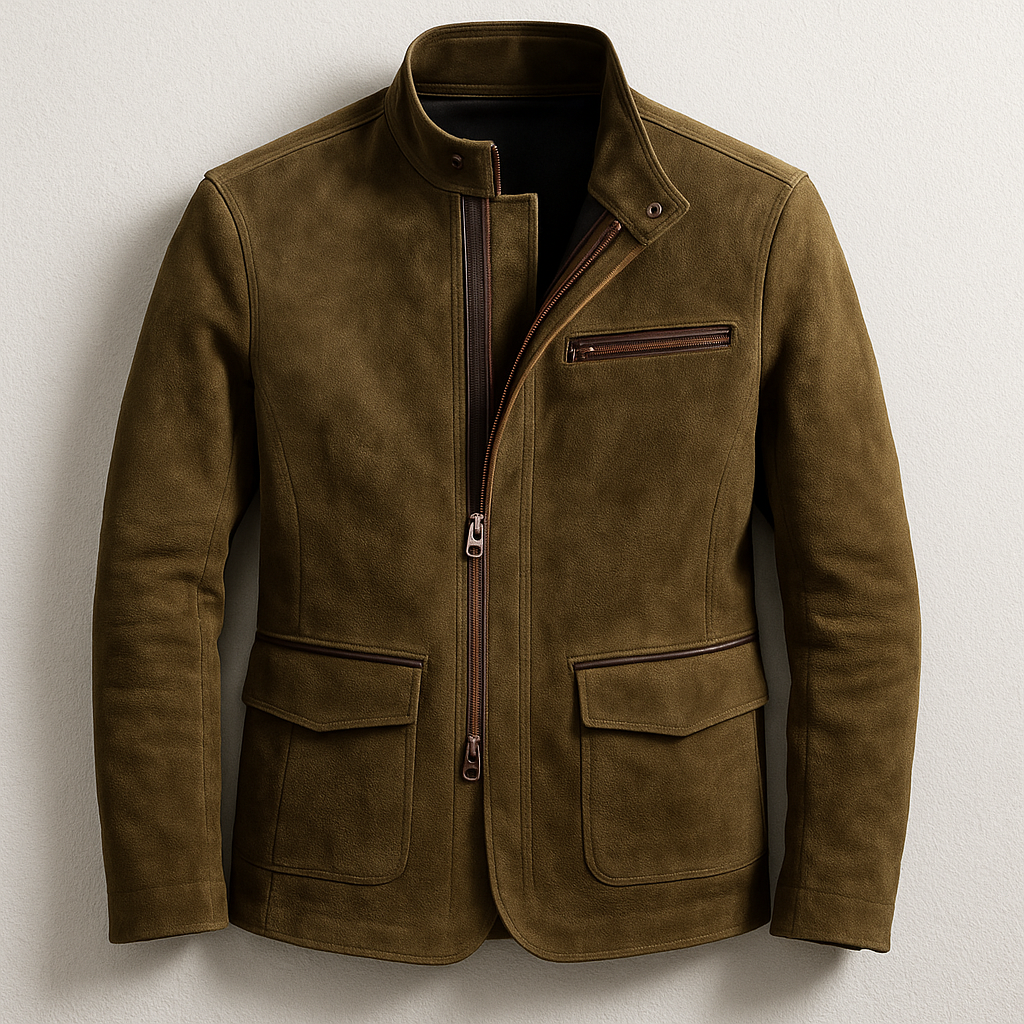 Giacca uomo elegante casual con collo alto e zip frontale. Ideale per moda maschile autunno inverno, stile moderno.