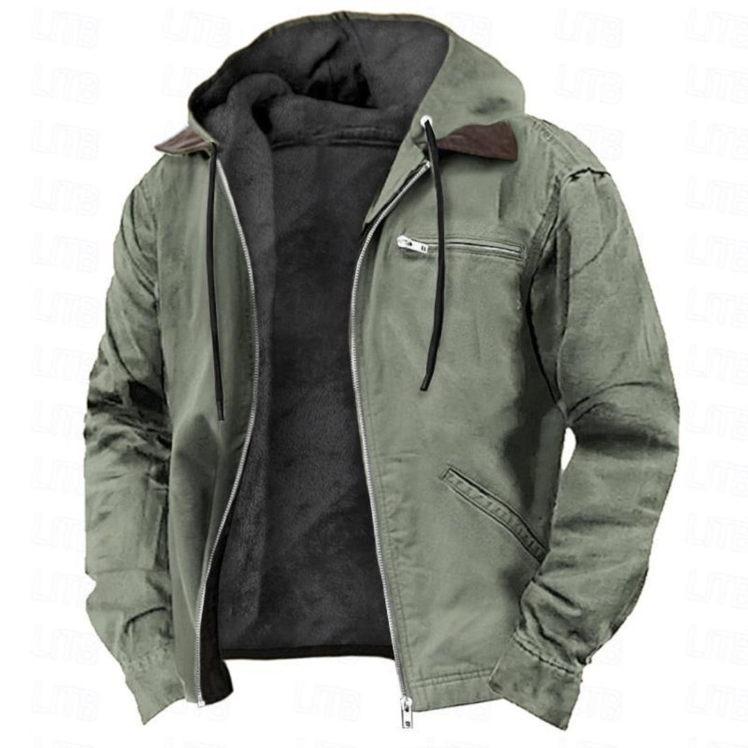 Giacca uomo casual, calda e confortevole. Perfetta per outfit urbano autunno inverno. Cappuccio removibile.