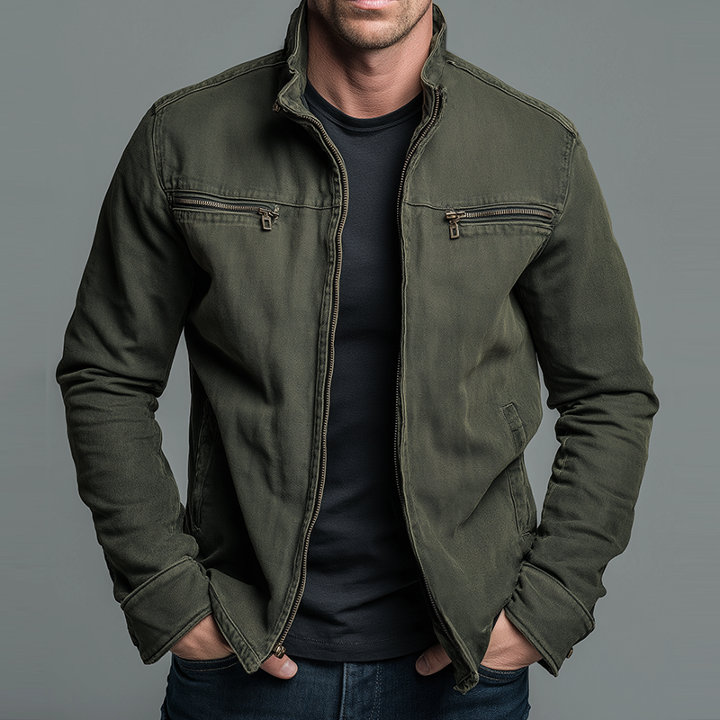 Giacca uomo vintage verde con zip e collo coreana, perfetta per uno stile casual autunno inverno.