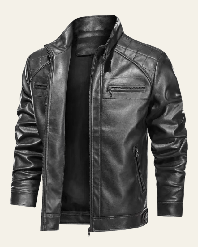 Giacca uomo biker autunnale/invernale, in pelle, disponibile nera o marrone. Design moderno e comfort per ogni occasione.