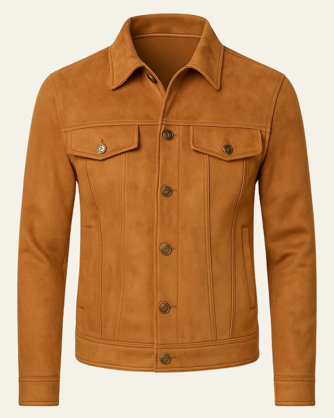 Giacca trucker uomo arancione, stile moderno e revers definito. Perfetta per outfit casual primaverili.