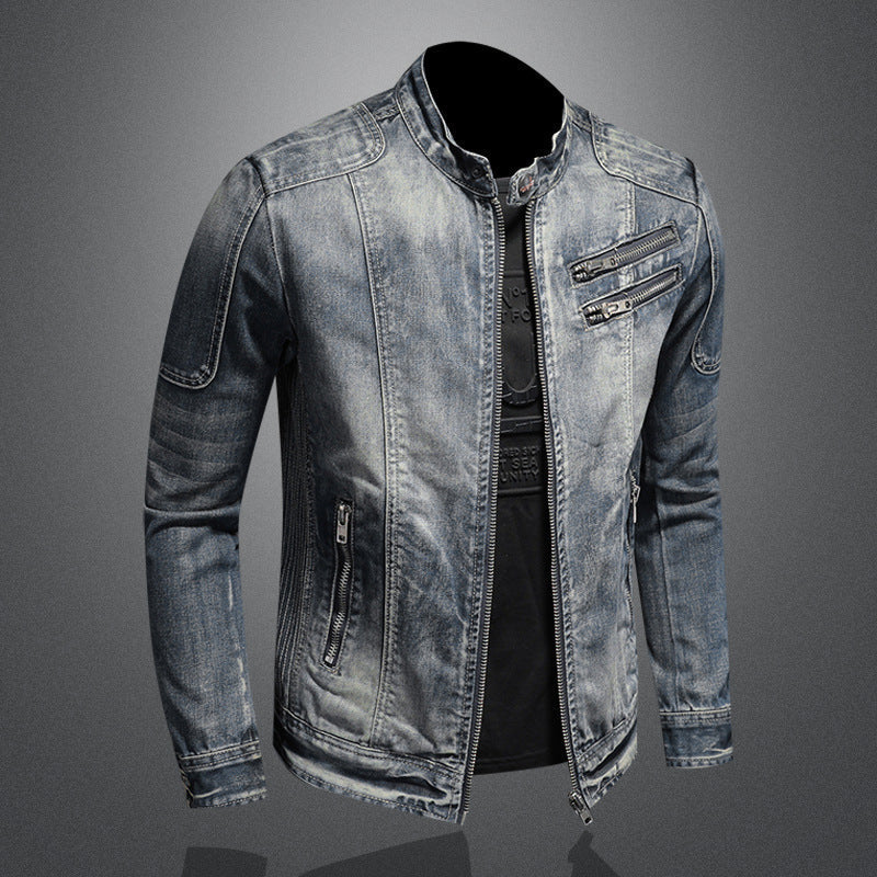 Giubbotto uomo effetto vintage grigio chiaro. Giacca biker casual sagomata, ideale per primavera autunno.
