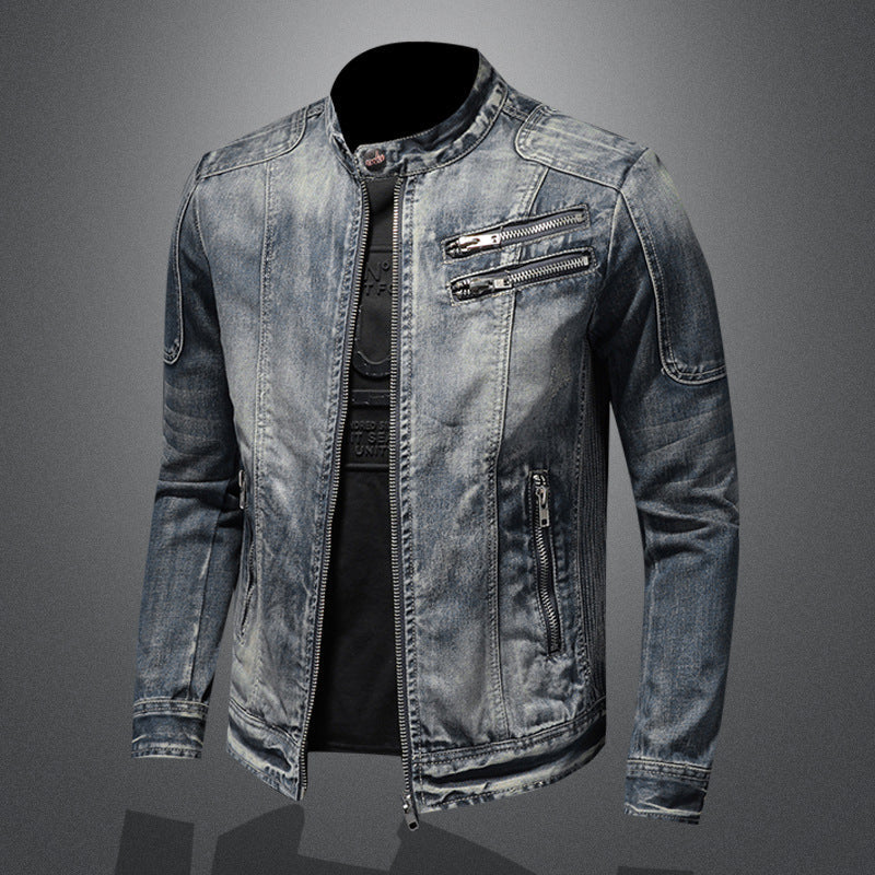 Giacca uomo biker grigio chiaro con effetto vintage, giubbotto casual outerwear per stile maschile.