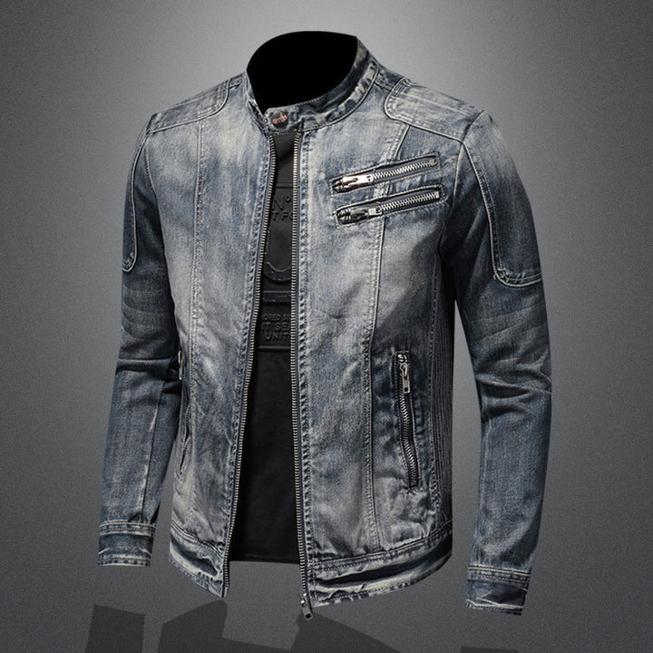 Giacca uomo biker grigio chiaro con effetto vintage, giubbotto casual outerwear per stile maschile.