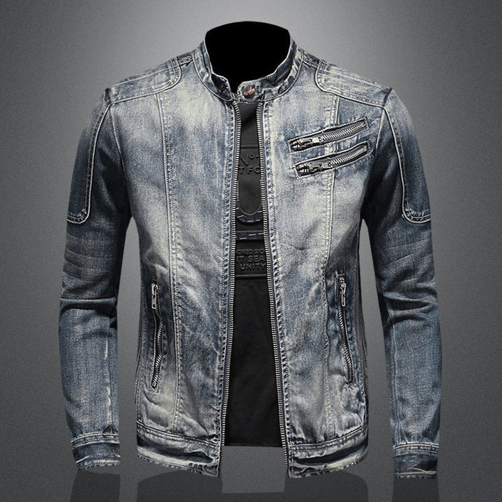 Giacca uomo biker vintage grigio chiaro. Giubbotto sagomato primavera autunno per moda casual maschile.