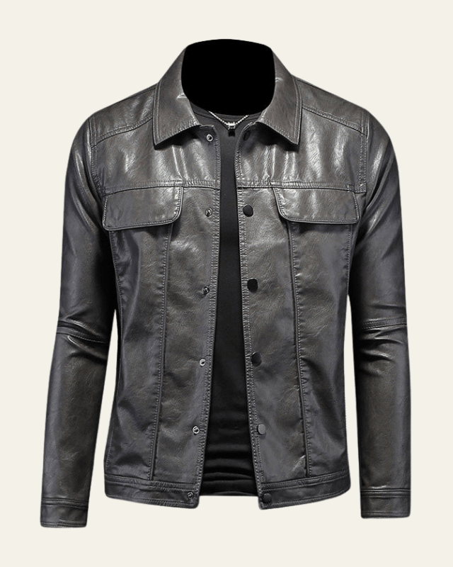 Capospalla uomo biker con bottoni a pressione, ideale per un outfit casual e urbano. Giacca moda.