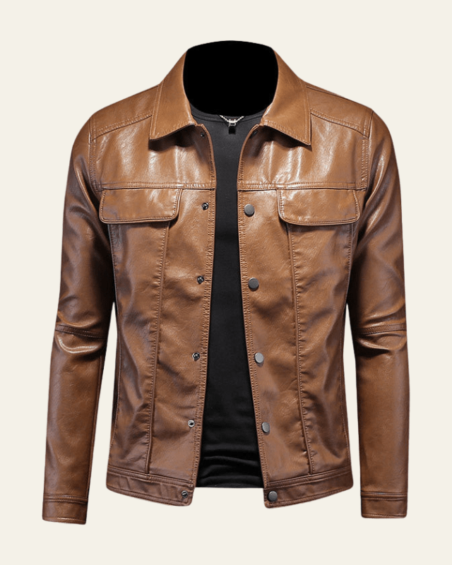 Giacca uomo biker nera con bottoni automatici, perfetta per stile urbano casual primavera autunno.