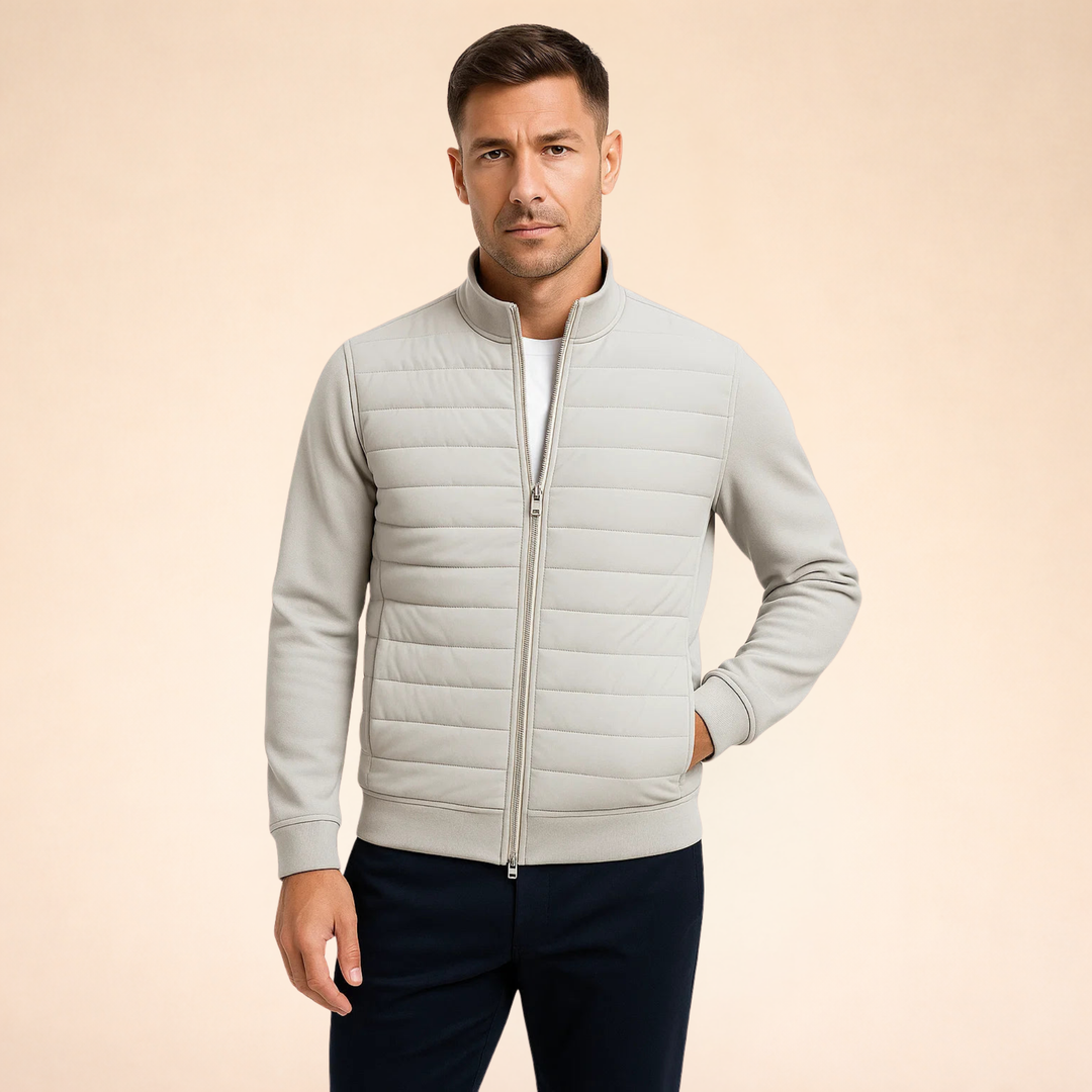 Giacca uomo ibrida trapuntata, perfetta per un look casual versatile. Giubbotto antivento per autunno inverno.