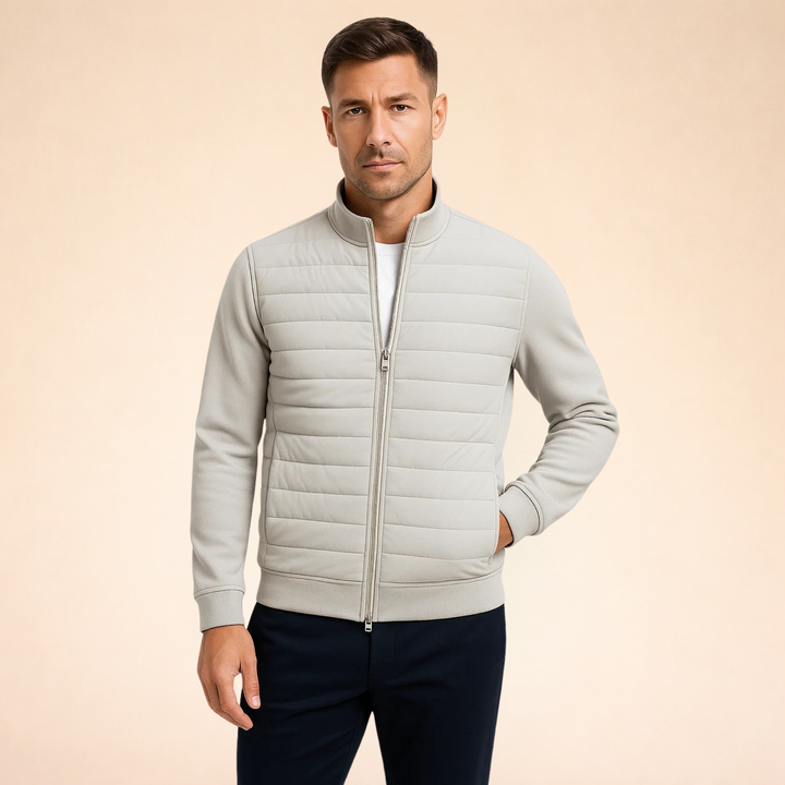 Giacca uomo ibrida trapuntata, perfetta per un look casual versatile. Giubbotto antivento per autunno inverno.
