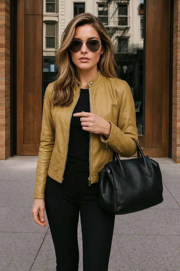 Moda femminile: giacca autunnale slim fit con collo coreana, perfetta per look eleganti.