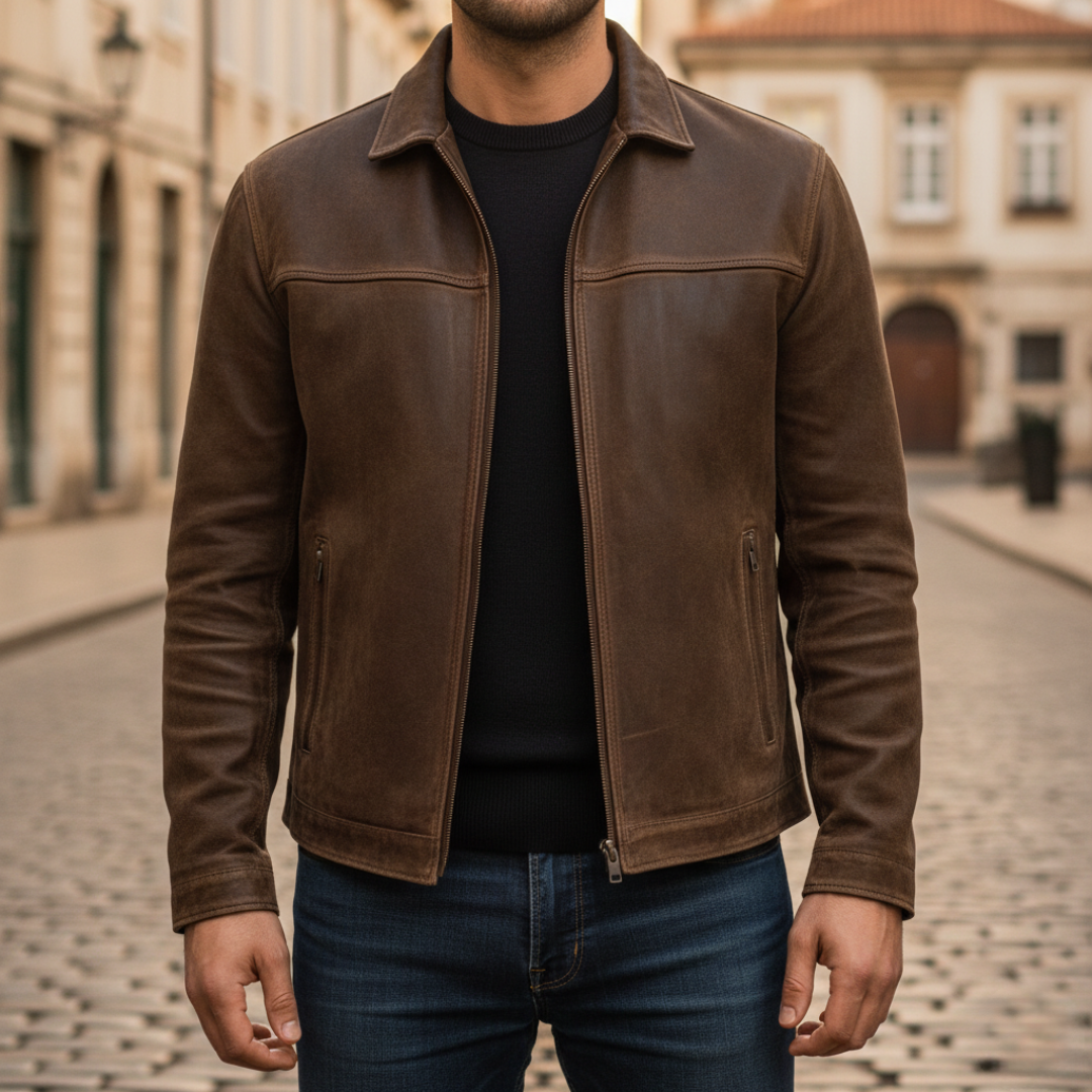 Giacca uomo similpelle resistente e di tendenza, con cerniera. Giubbotto versatile per look casual ed eleganti.