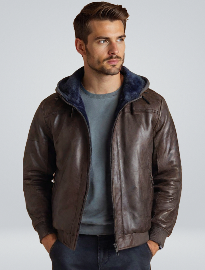 Cappotto uomo autunno/inverno, giacca biker con cappuccio rimovibile, per un abbigliamento casual maschile grintoso.