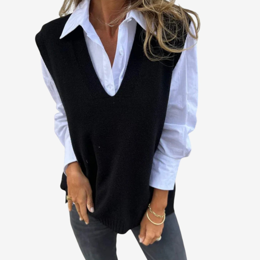 Gilet donna oversize moda autunno/inverno con scollo a V, ideale per layering casual ed elegante.