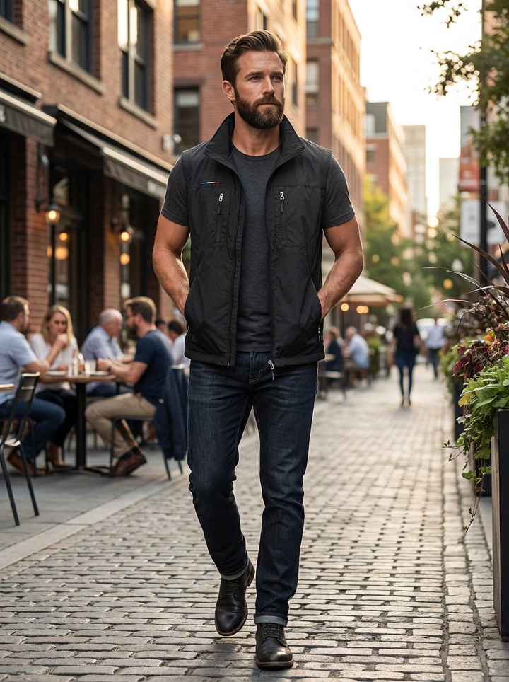 Gilet uomo elegante nero, collo alto e pratiche tasche con zip, per un look urbano primaverile/autunnale.