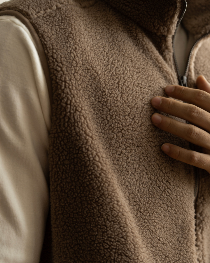 Uomo indossa gilet invernale marrone, caldo e versatile, perfetto per le giornate fredde e un look alla moda.