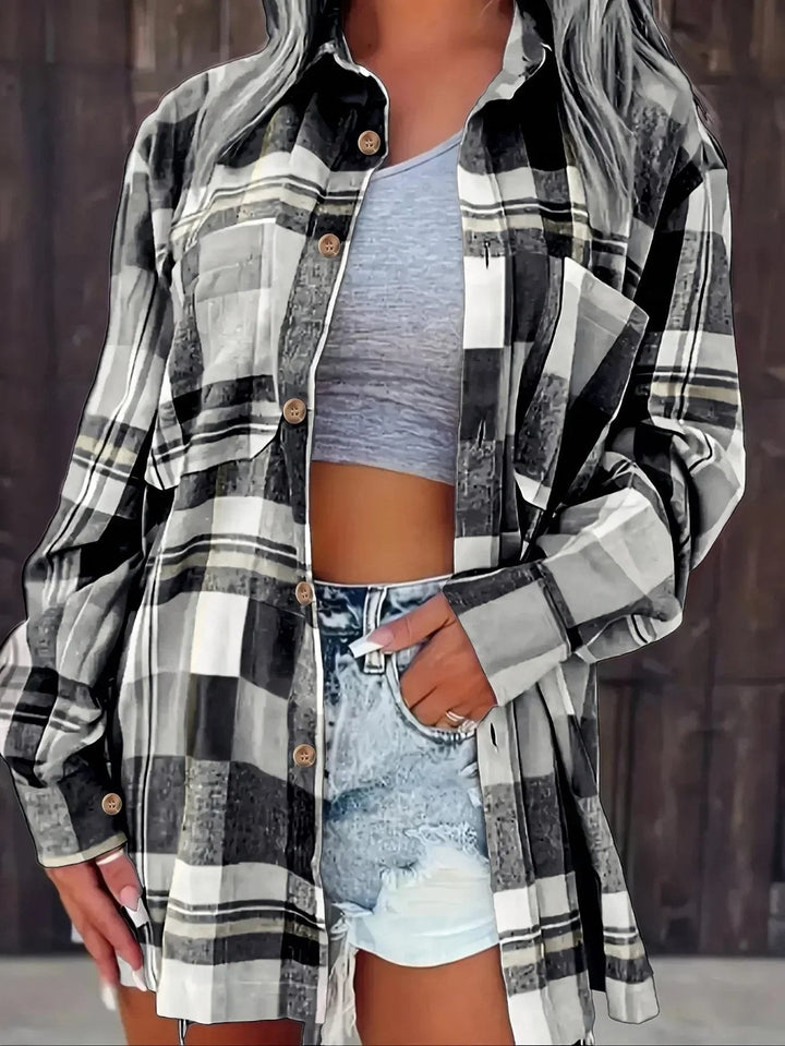 Chic gilet donna oversize con motivo a quadri. Ideale per moda primavera/autunno, stile versatile ed elegante.