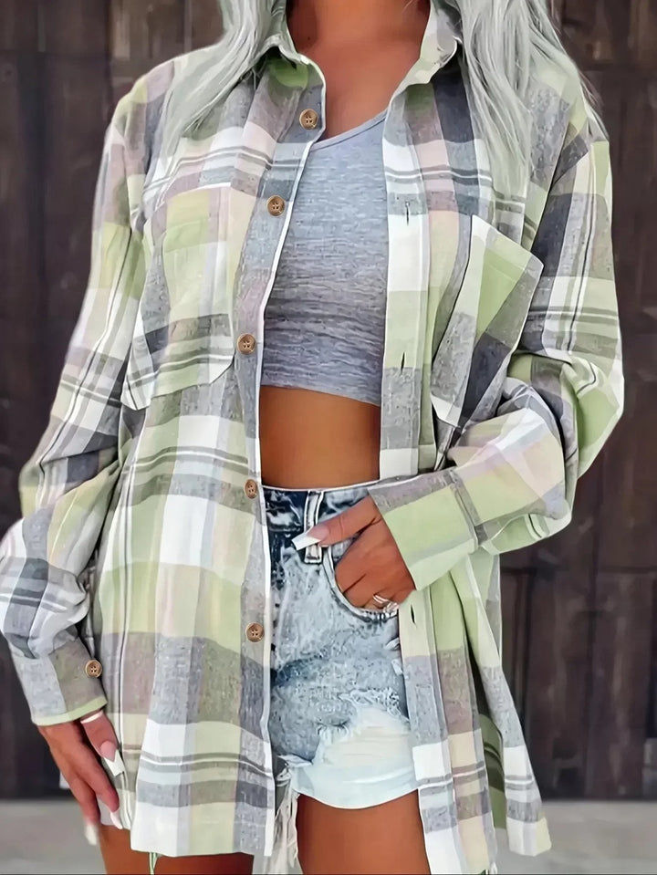 Gilet da donna oversize in tessuto a quadri. Abbigliamento moda per primavera/autunno, stile elegante e casual.