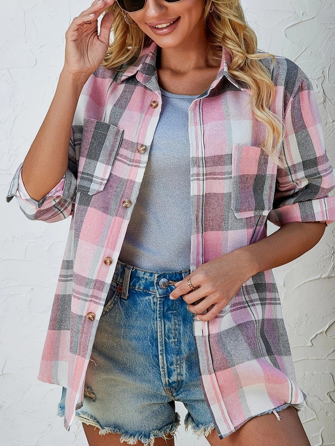 Gilet donna oversize con stampa a quadri, stile moda autunno/primavera. Abbigliamento elegante e casual.