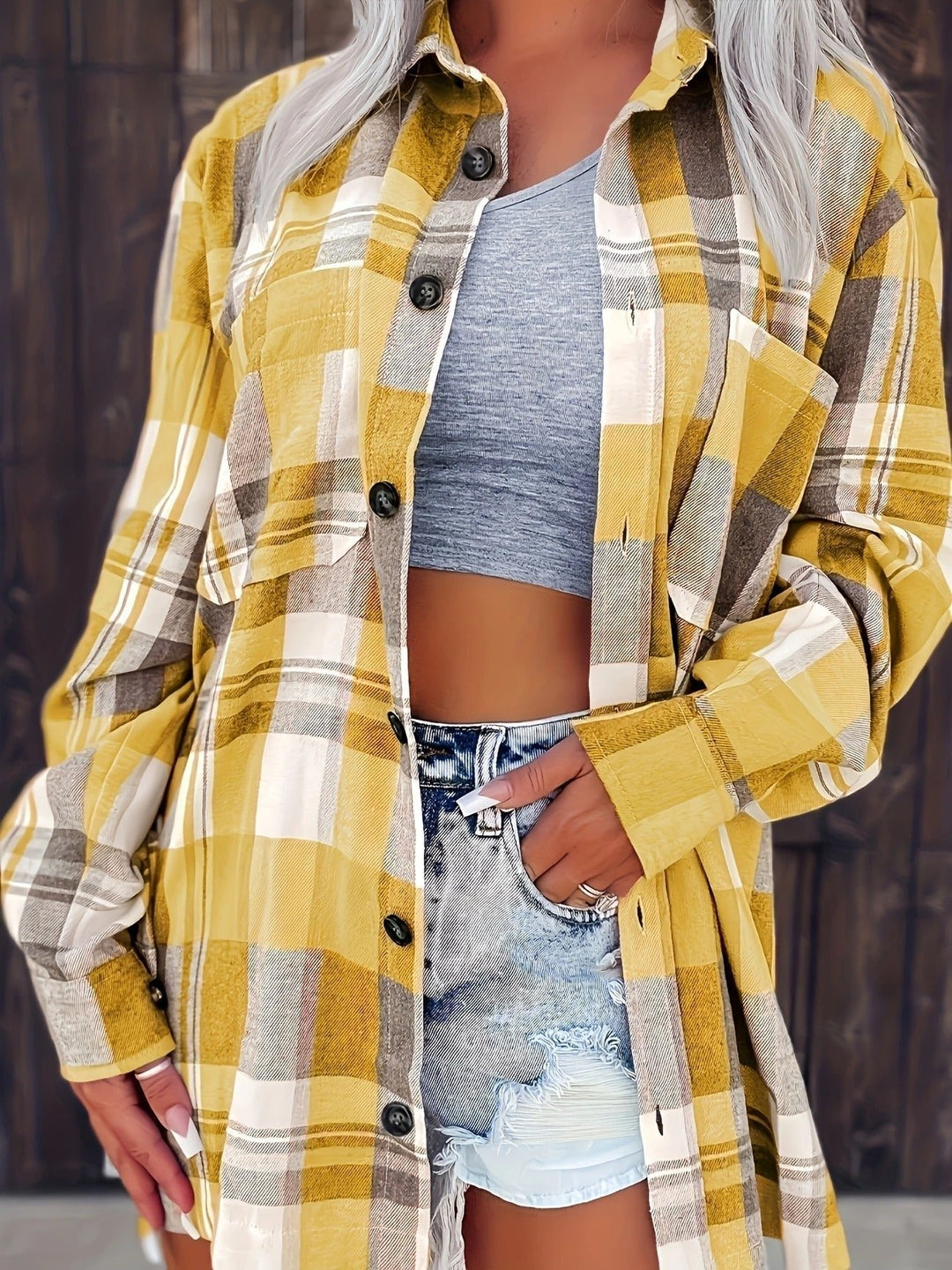 Gilet oversize donna comodo e alla moda con motivo a quadri. Perfetto per primavera/autunno, stile versatile.