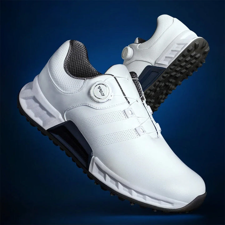 Calzature sportive golf uomo con suola antiscivolo per stabilità, design impermeabile e sistema chiusura a rotella.