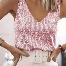 Canotta donna glamour con paillettes scintillanti e scollo a V, ideale per un look da festa, discoteca o evento speciale.