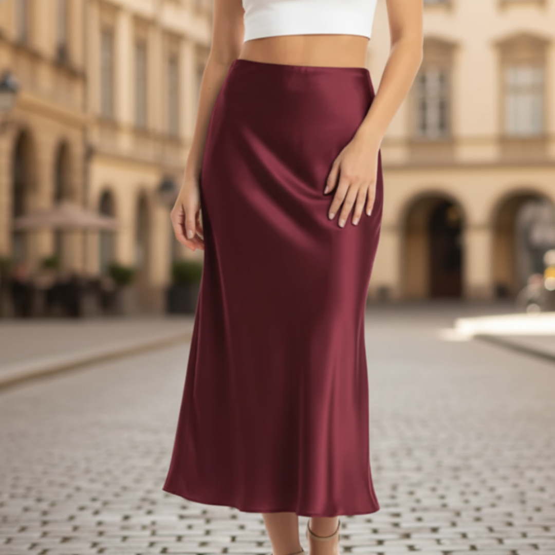 Gonna lunga in raso da donna, essenziale per un guardaroba estivo elegante e alla moda, versatile.