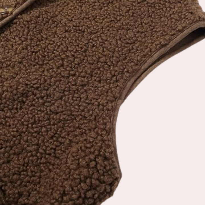 Gilet caldo da donna in sherpa marrone, con bottoni, perfetto per affrontare il freddo con stile trendy.