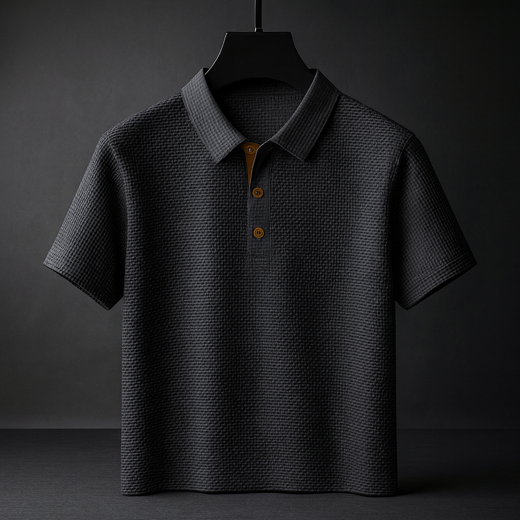 Polo uomo casual-elegante, maniche corte, colletto a revers. Vestibilità versatile per ufficio o tempo libero.