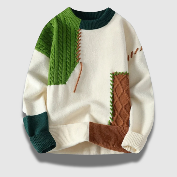 Maglia uomo patchwork versatile per autunno e inverno, un capo distintivo per un look casual e alla moda.
