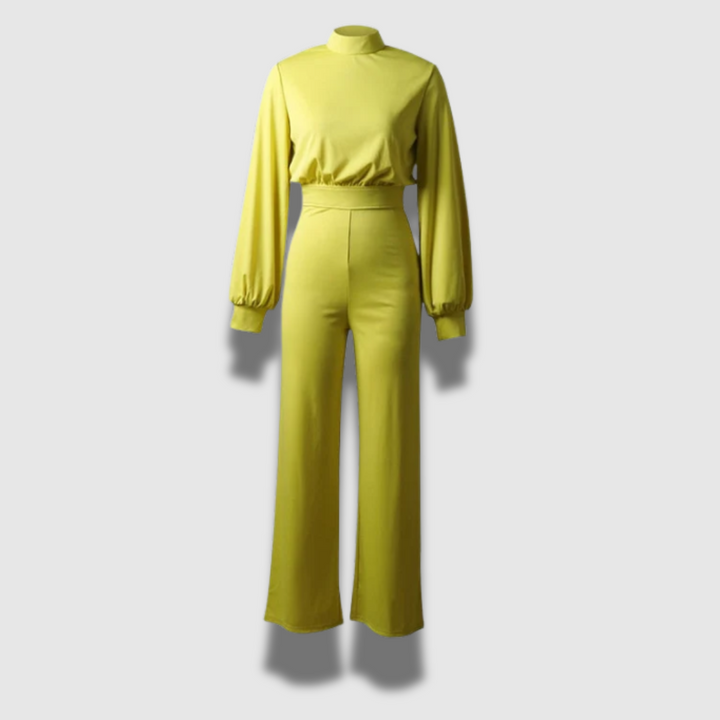 Tuta donna moderna con colletto in piedi. Stile sofisticato, perfetta per abbigliamento casual chic o formale.