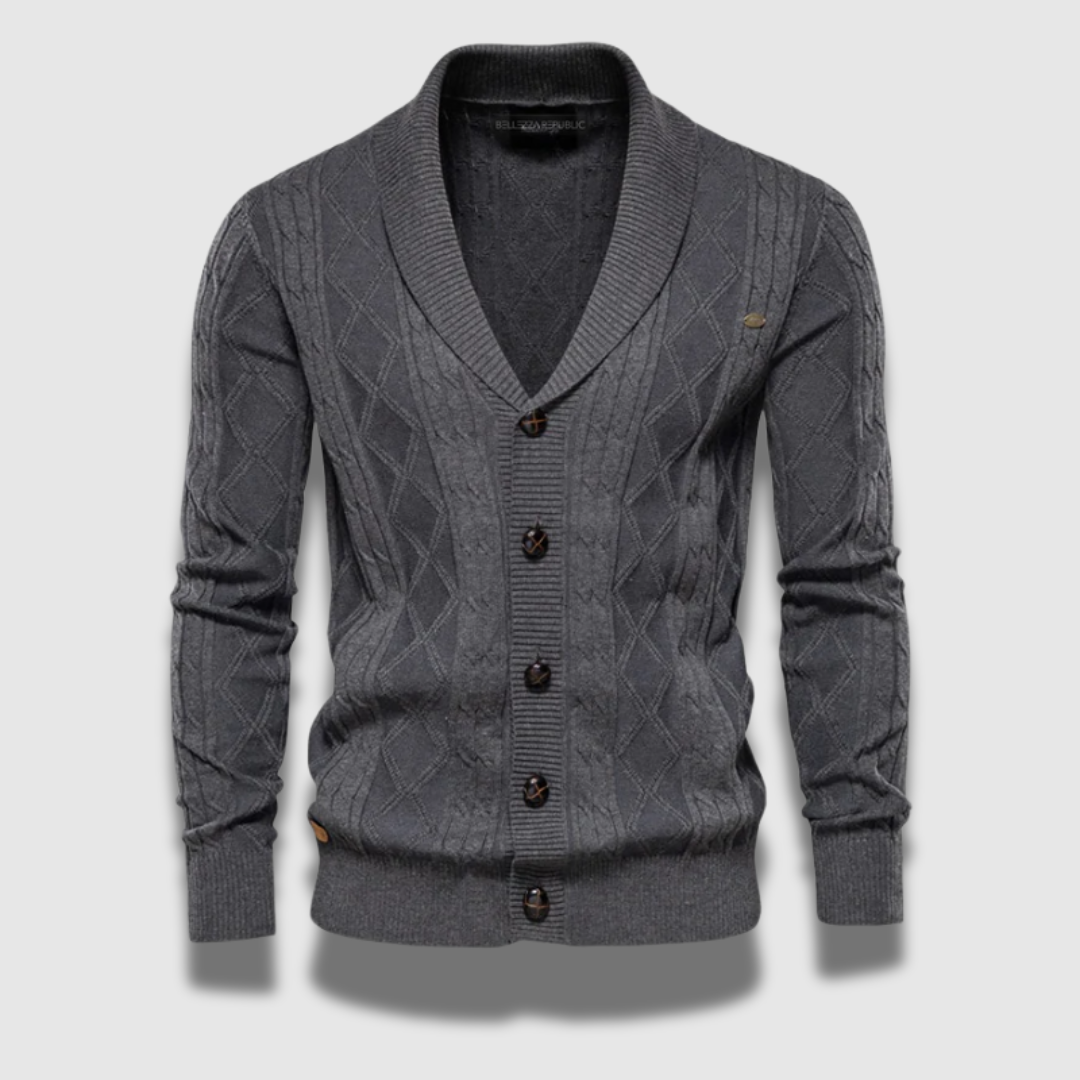 Cardigan uomo moda con motivo geometrico distintivo, perfetto per elevare il guardaroba autunno/inverno.