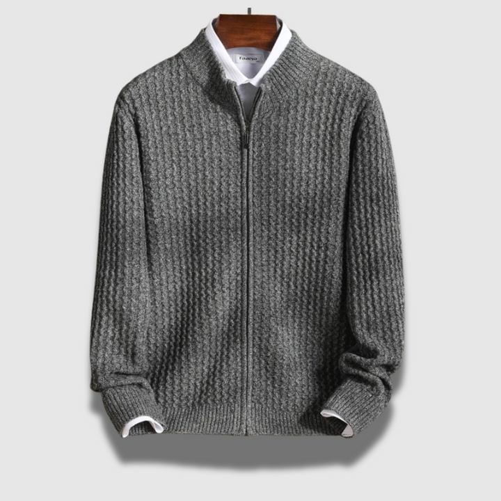 Sofisticato cardigan da uomo con zip frontale e dettagli strutturati, un capo essenziale per ogni guardaroba.