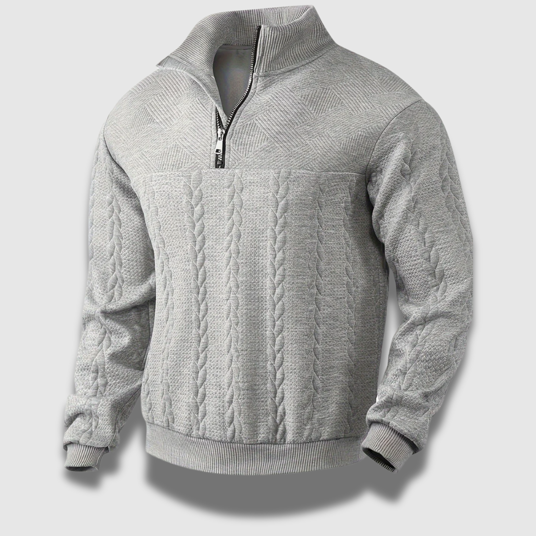 Dettaglio zip e collo alto di un maglione uomo vintage, ideale per look invernali versatili.